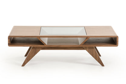 Walnut Wood Veneer & Glass Coffee Table