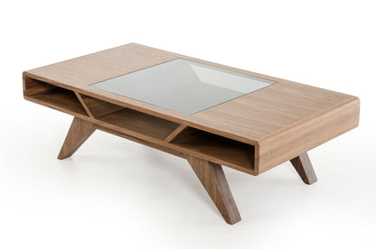 Walnut Wood Veneer & Glass Coffee Table