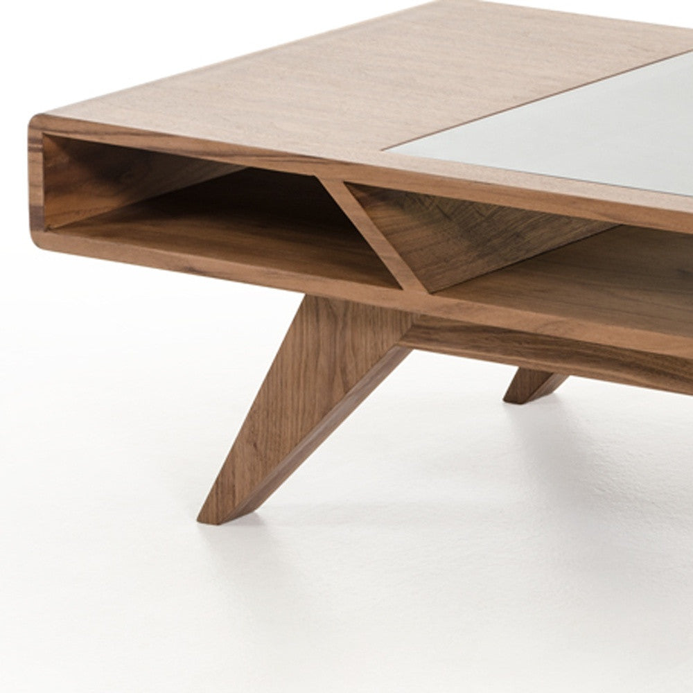 Walnut Wood Veneer & Glass Coffee Table