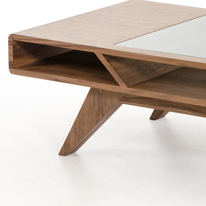 Walnut Wood Veneer & Glass Coffee Table