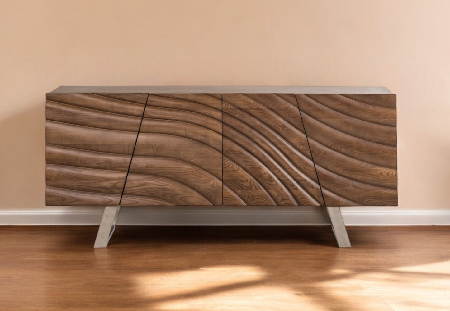 Natural Brown Solid Wood Sideboard w/ 4 Doors