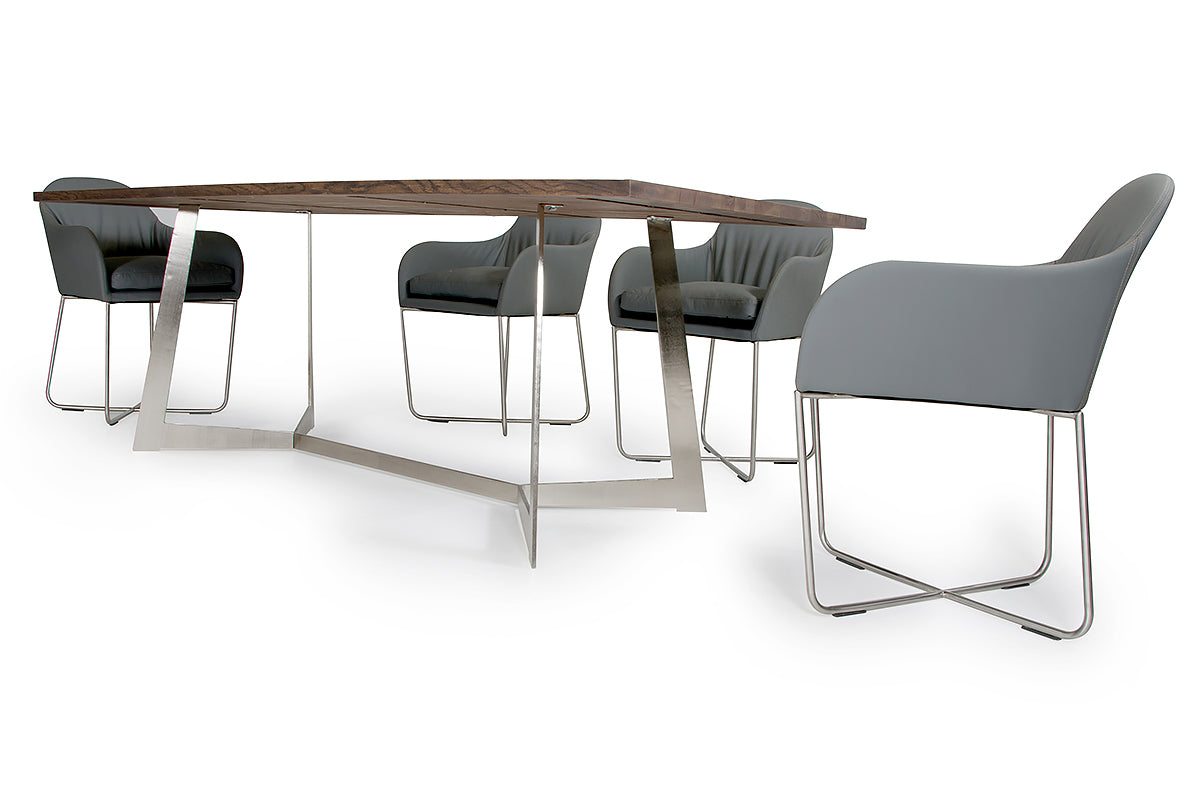 Dark Aged Oak Wood  Veneer  And Steel Dining Table