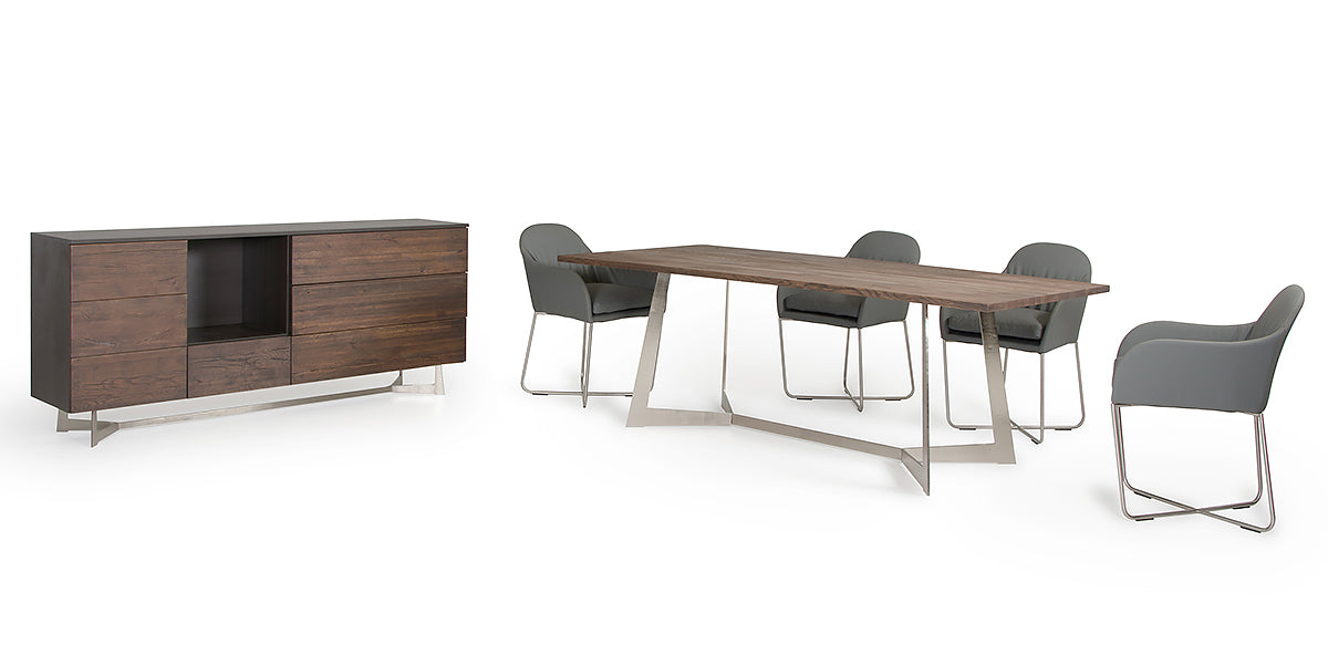 Dark Aged Oak Wood  Veneer  And Steel Dining Table