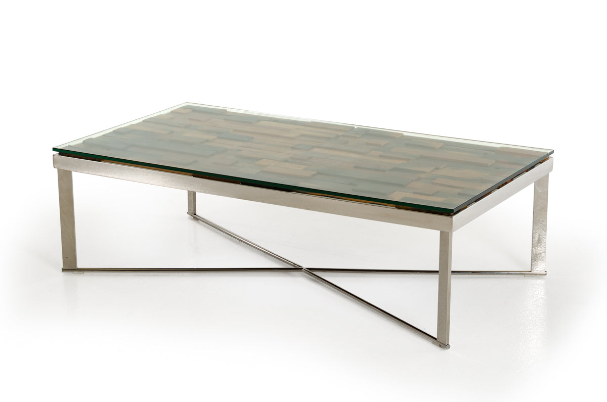 Mosaic Wood Glass & Steel Coffee Table