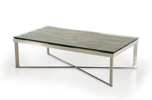 Mosaic Wood Glass & Steel Coffee Table