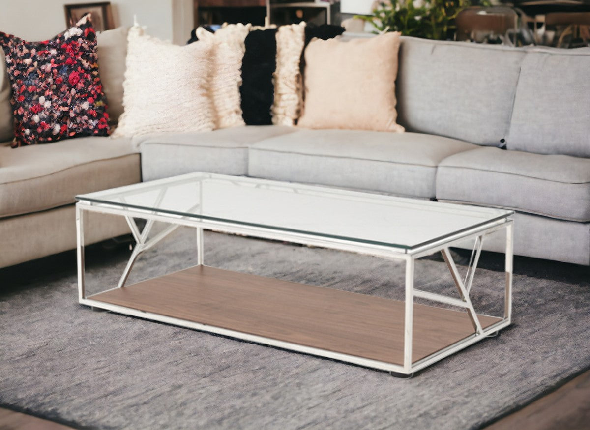 Walnut Veneer Glass & Steel Coffee Table