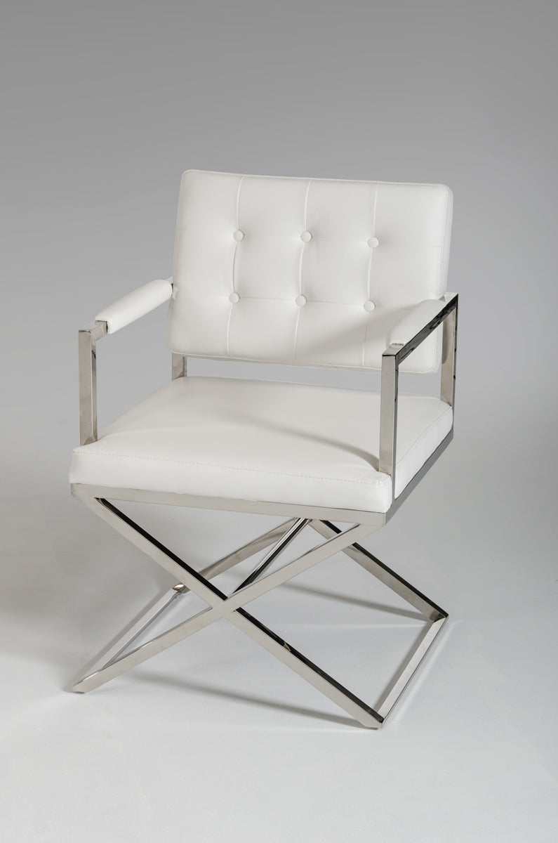 Tufted White & Silver Faux Leather Dining Chair