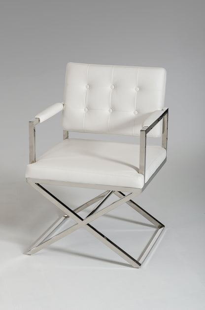Tufted White & Silver Faux Leather Dining Chair