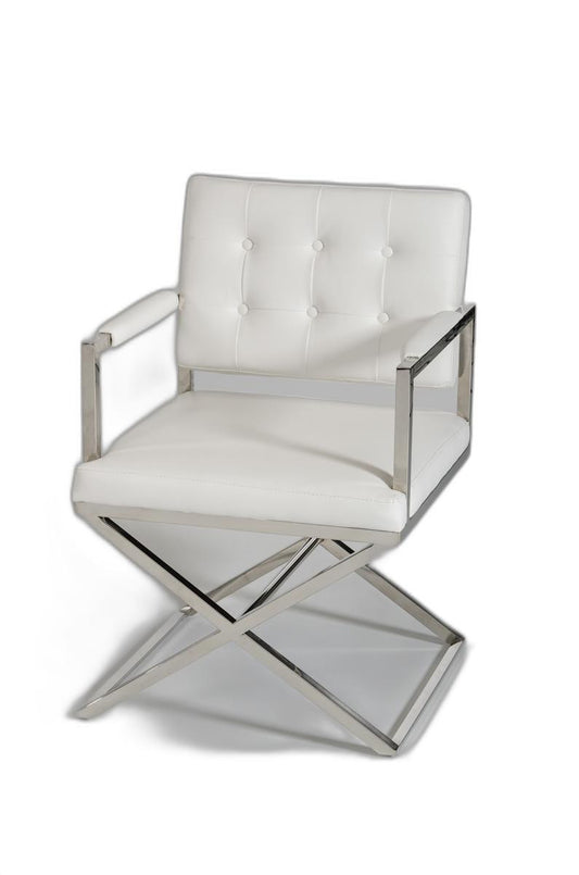 Tufted White & Silver Faux Leather Dining Chair