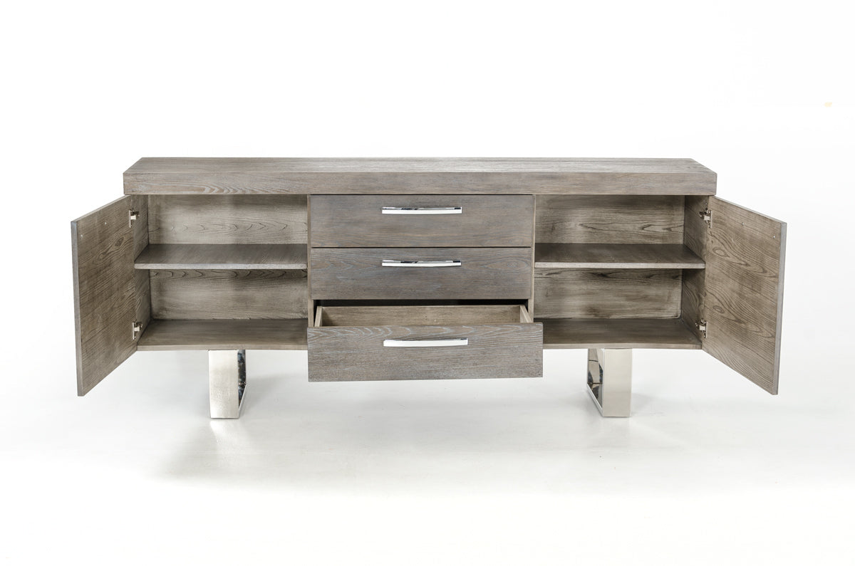 Grey Veneer & Steel Sideboard w/ 3 Drawers & 2 Doors