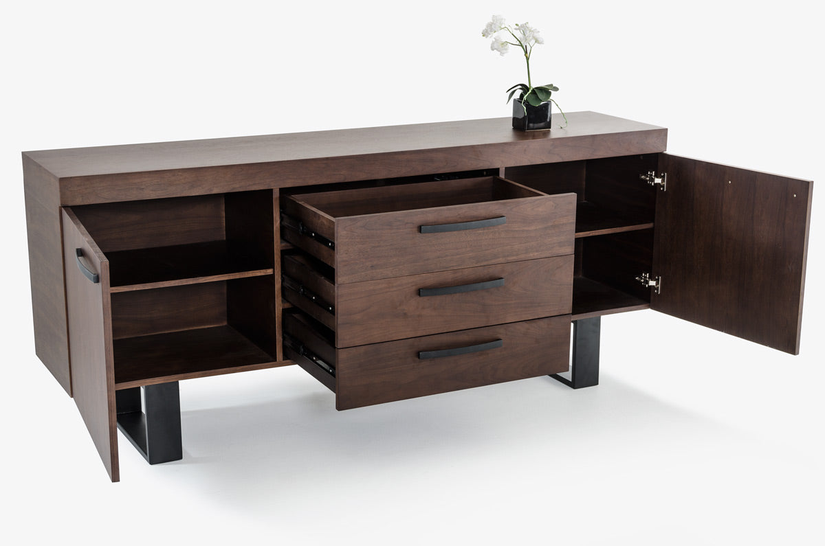 Walnut Veneer & Steel Sideboard w/ 3 Drawers & 2 Doors