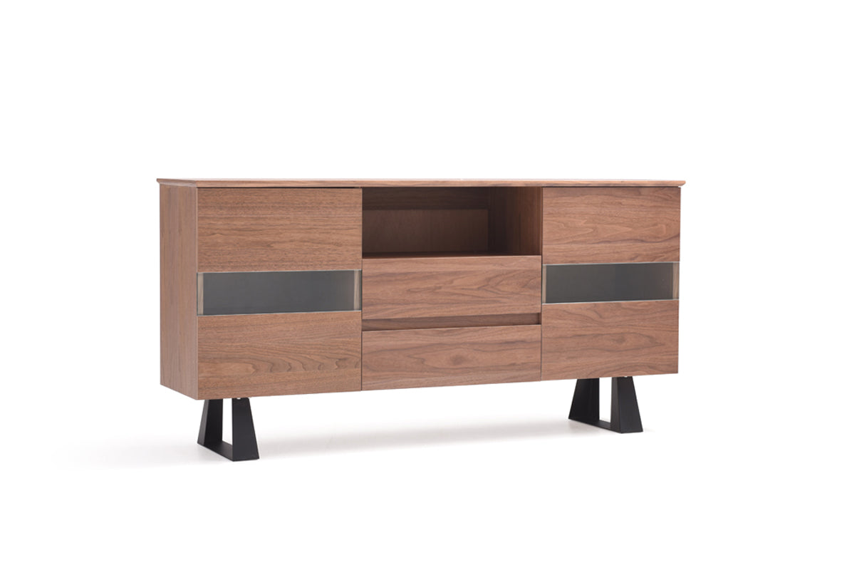 Walnut Veneer Metal & Glass Sideboard