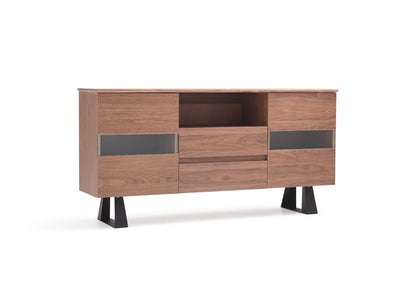 Walnut Veneer Metal & Glass Sideboard