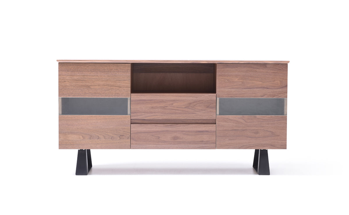 Walnut Veneer Metal & Glass Sideboard