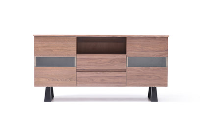 Walnut Veneer Metal & Glass Sideboard