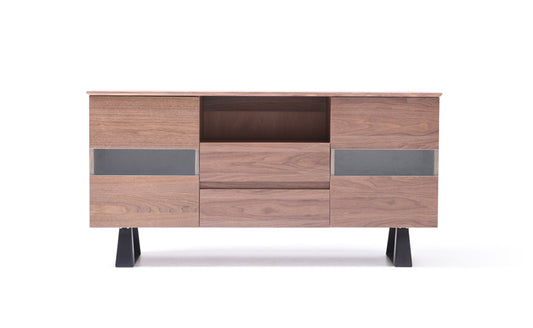 Walnut Veneer Metal & Glass Sideboard