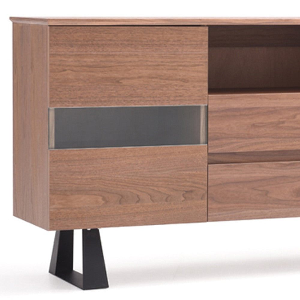 Walnut Veneer Metal & Glass Sideboard