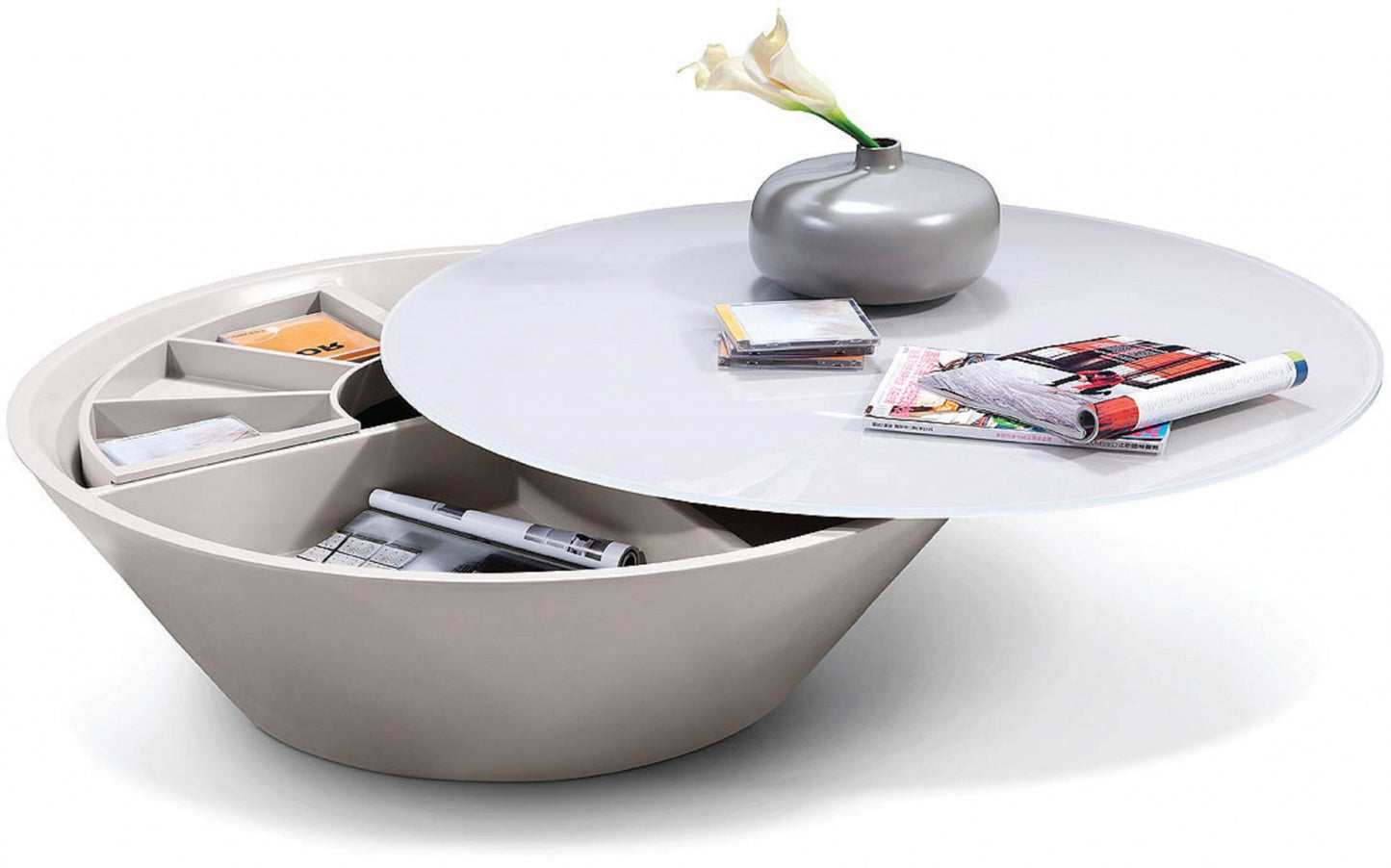 Grey Glass Coffee Table w/ A Swivel Compartment