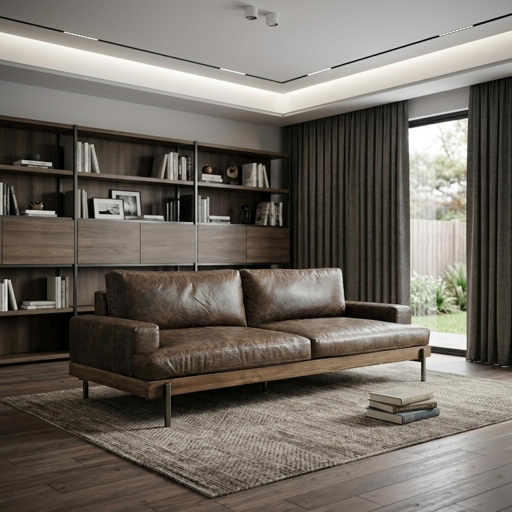 Chocolate Top Grain Leather Sofa With Black Legs