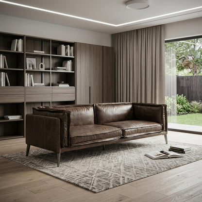 Chocolate Top Grain Leather Sofa With Dark Brown Legs