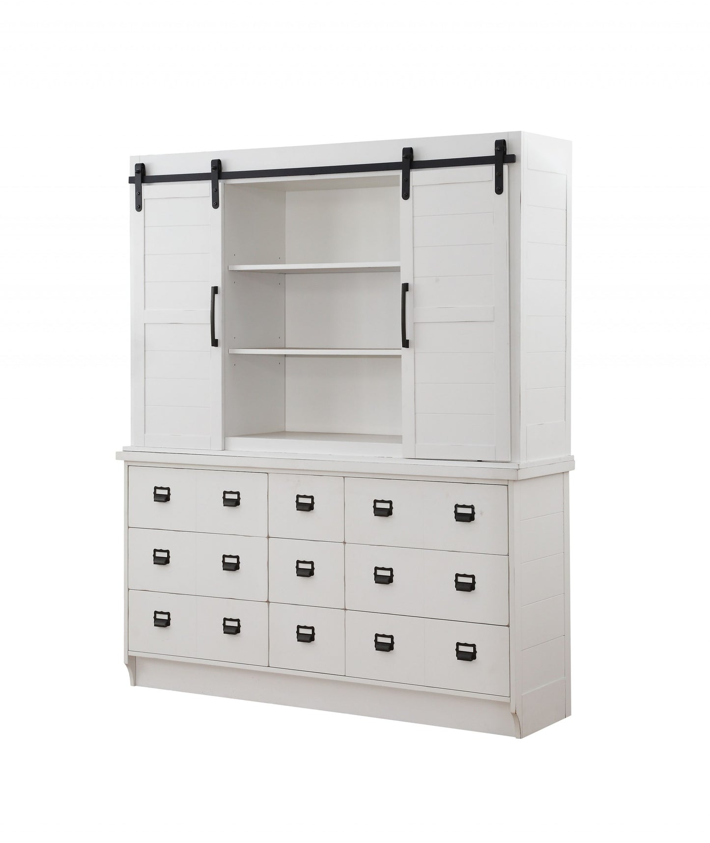 White Wood 9 Drawer Dining Hutch w/ 2 Sliding Doors