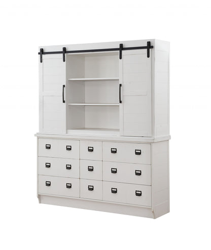 White Wood 9 Drawer Dining Hutch w/ 2 Sliding Doors
