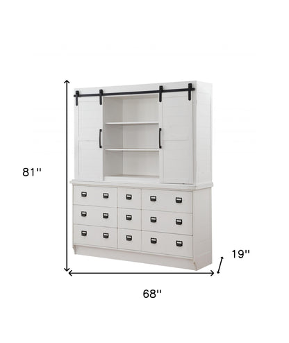 White Wood 9 Drawer Dining Hutch w/ 2 Sliding Doors