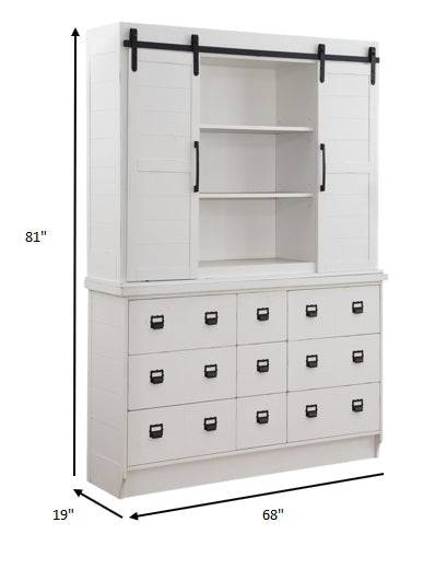 White Wood 9 Drawer Dining Hutch w/ 2 Sliding Doors