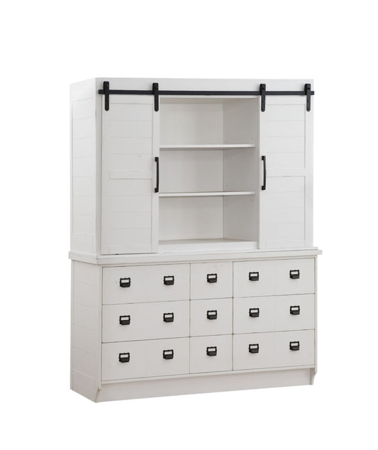White Wood 9 Drawer Dining Hutch w/ 2 Sliding Doors