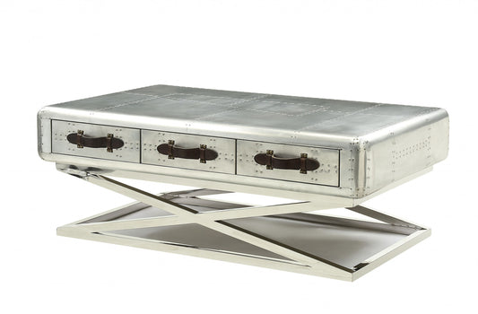 Silver Aluminum Coffee Table w/ 3 Drawers