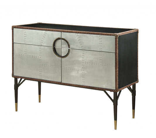Brown Silver & Black Leather Console Table