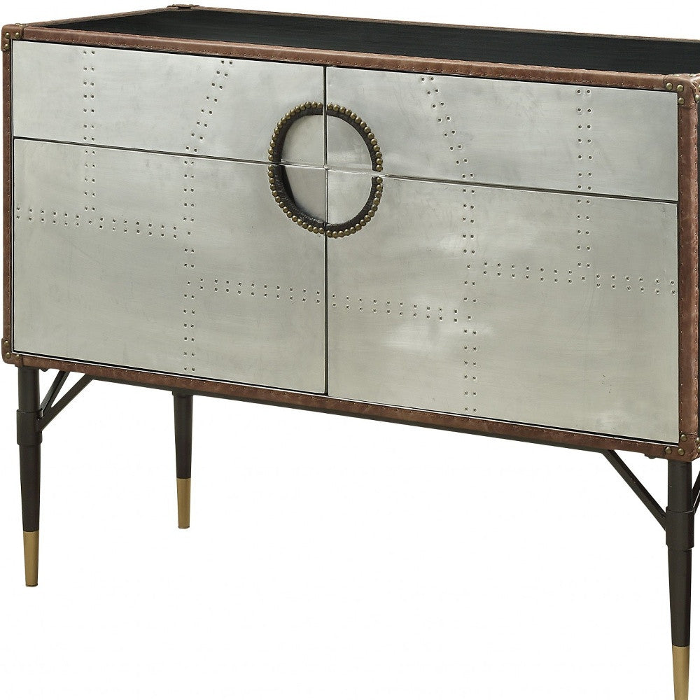 Brown Silver & Black Leather Console Table