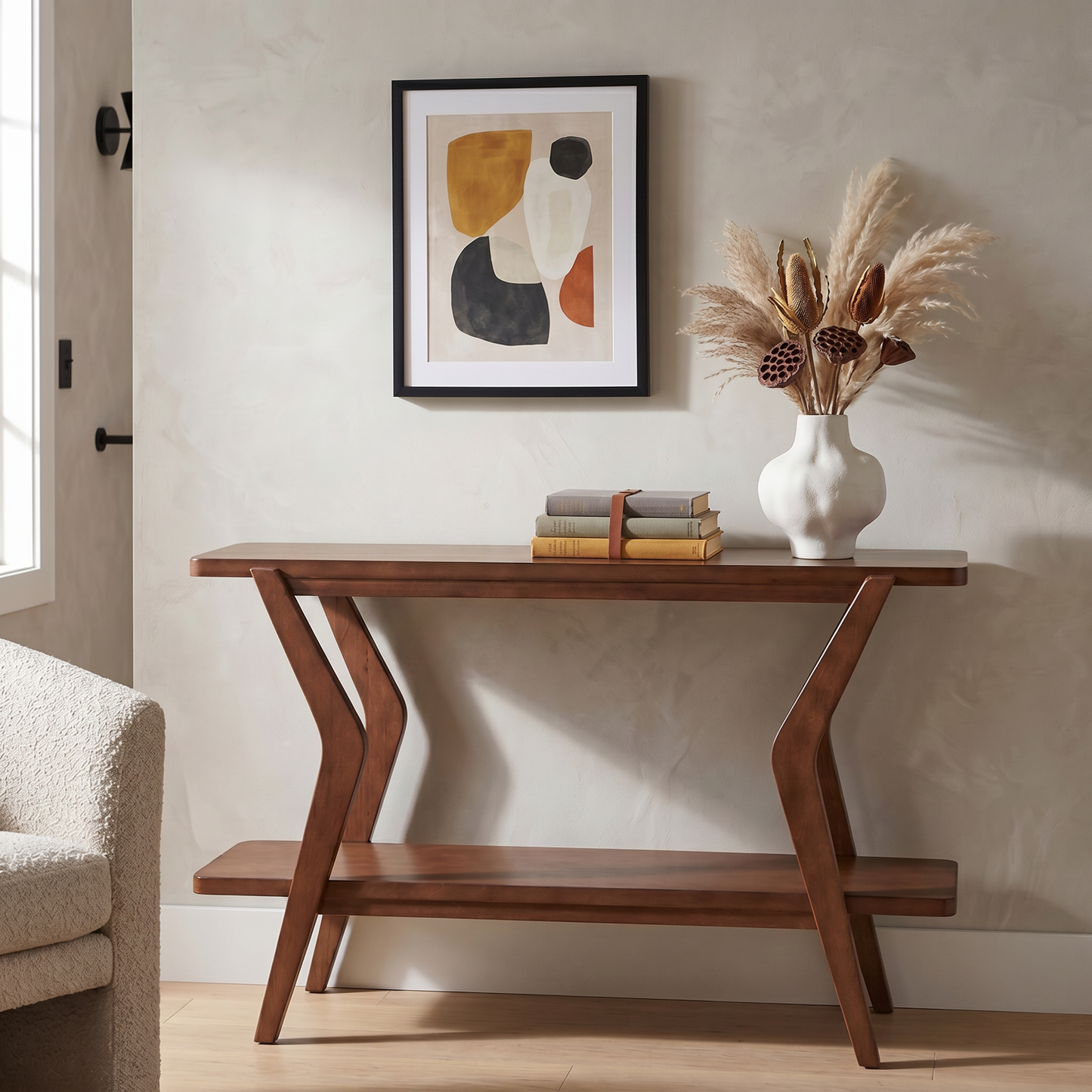 Stratton 32" Mid-Century Modern Console Table with Walnut Veneers and Lower Shelf - Enhanced