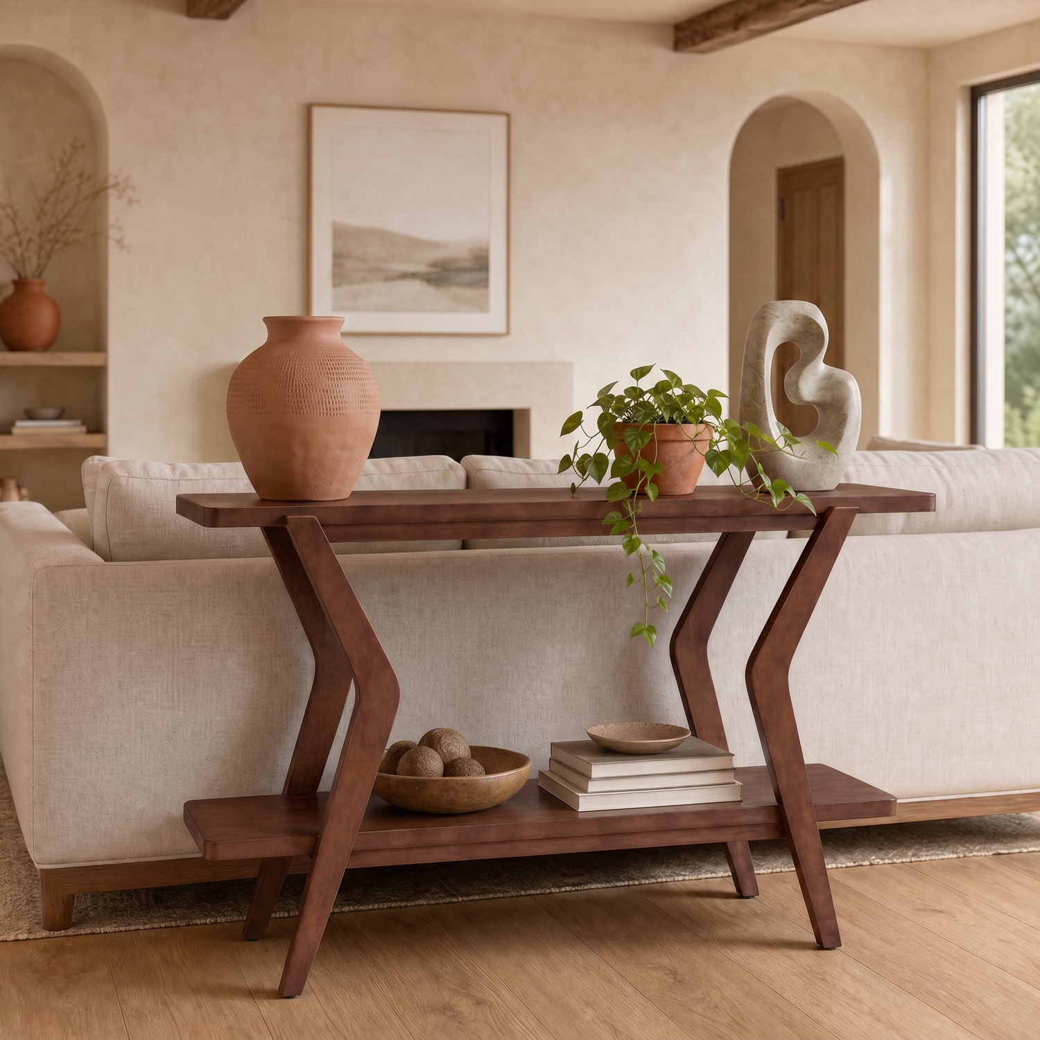 Stratton 32" Mid-Century Modern Console Table with Walnut Veneers and Lower Shelf - Enhanced