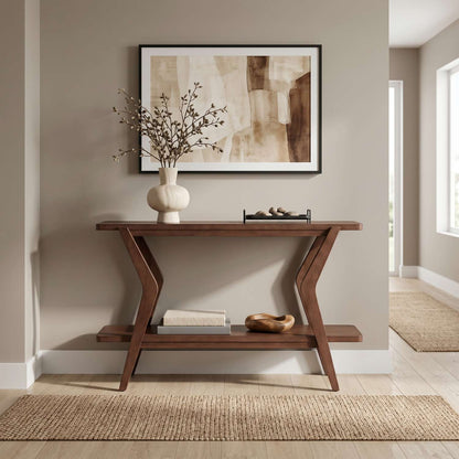 Stratton 32" Mid-Century Modern Console Table with Walnut Veneers and Lower Shelf - Enhanced