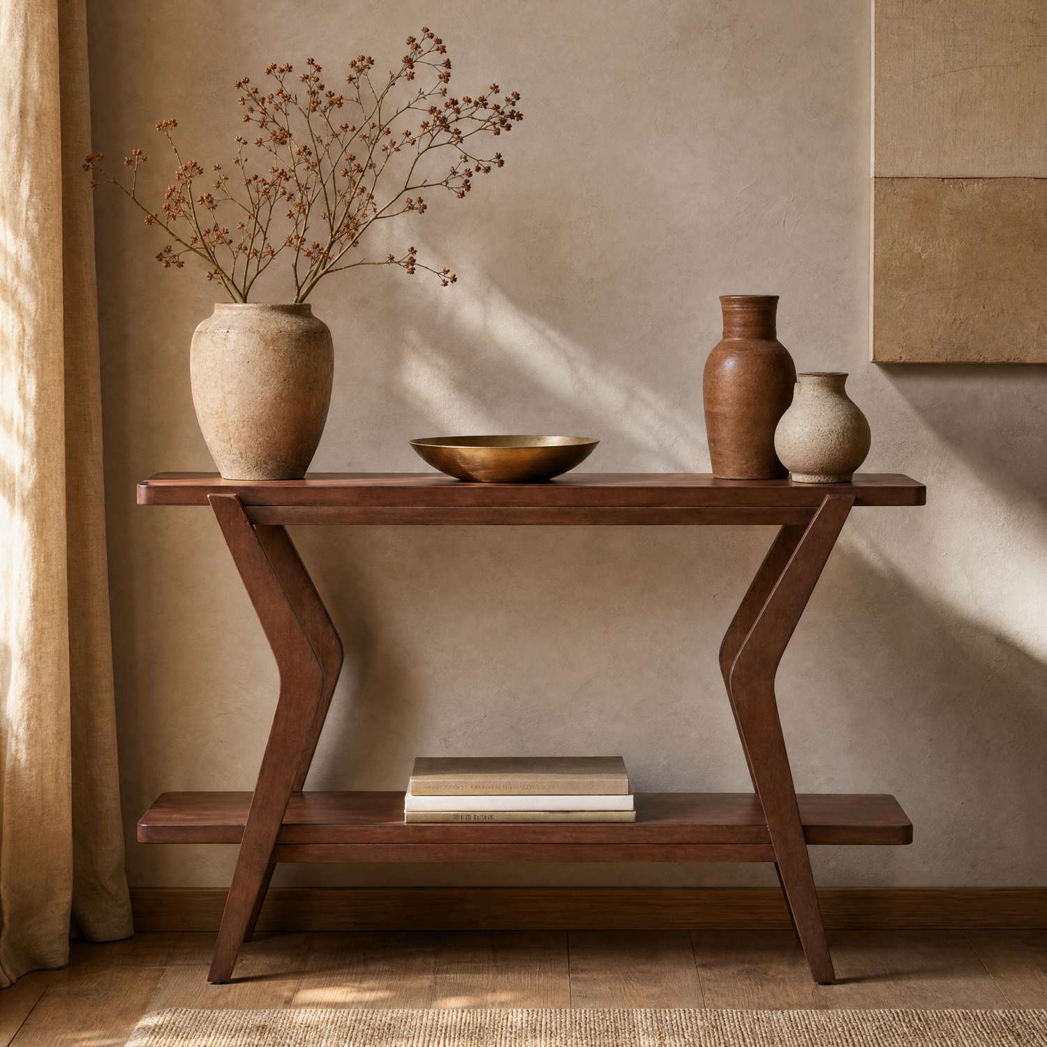 Stratton 32" Mid-Century Modern Console Table with Walnut Veneers and Lower Shelf - Enhanced