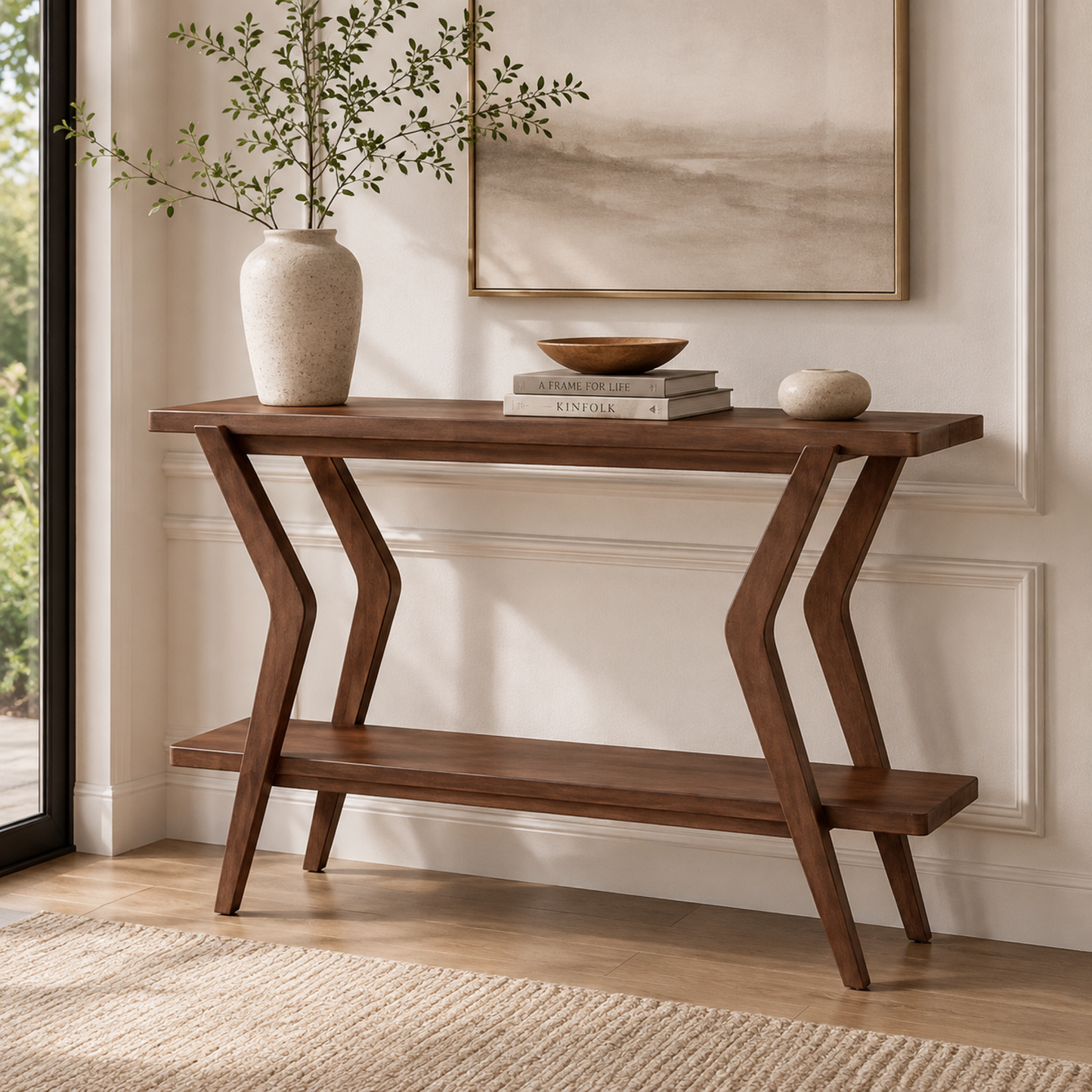 Stratton 32" Mid-Century Modern Console Table with Walnut Veneers and Lower Shelf - Main