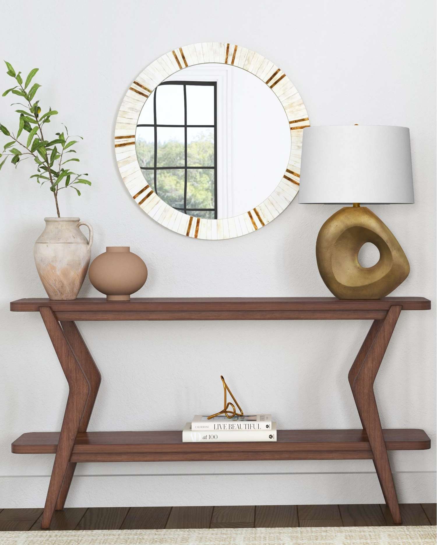 Stratton 32" Mid-Century Modern Console Table with Walnut Veneers and Lower Shelf - Room Scene