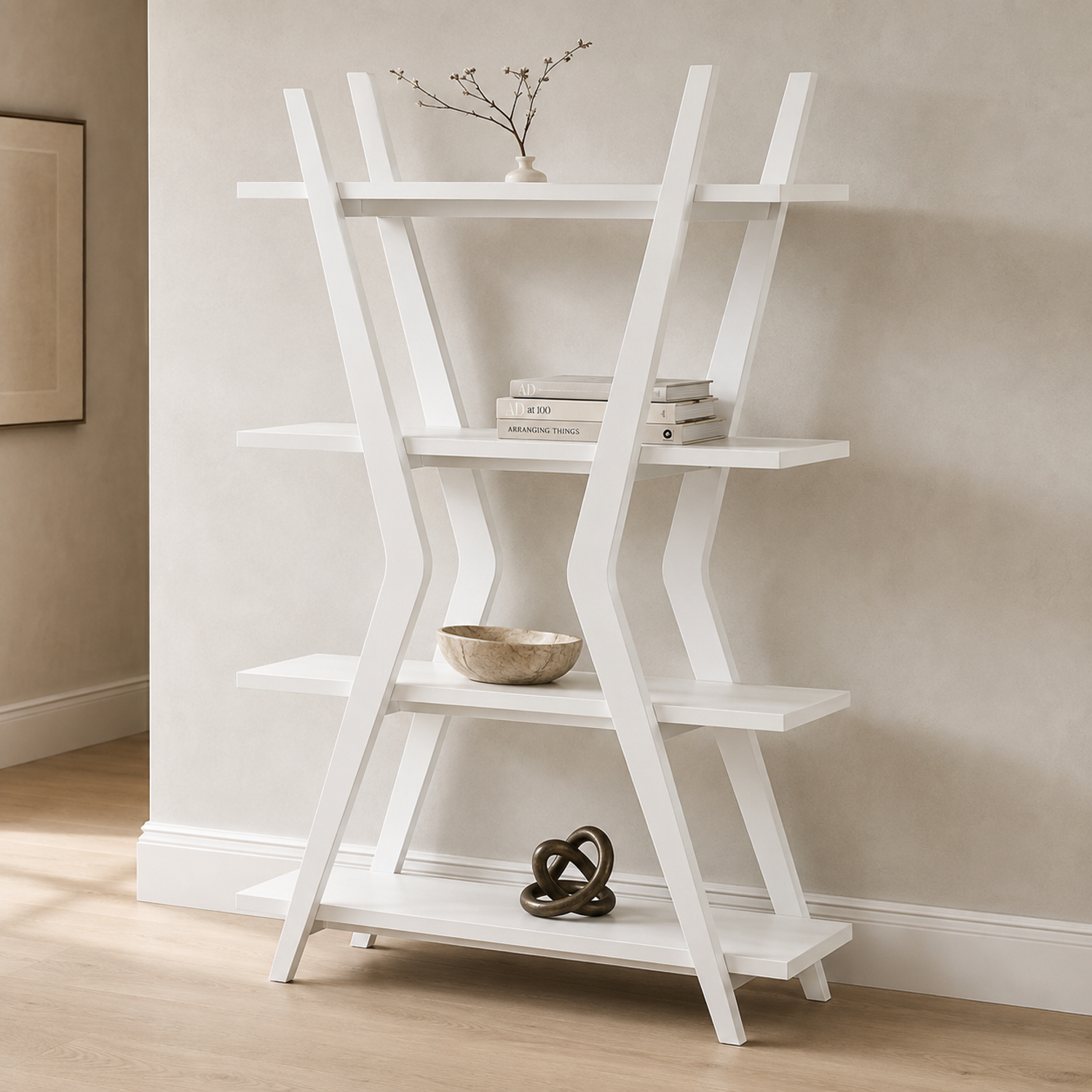 Stratton 66” White Etagere with 4 Open Shelves in Solid Rubberwood - Main