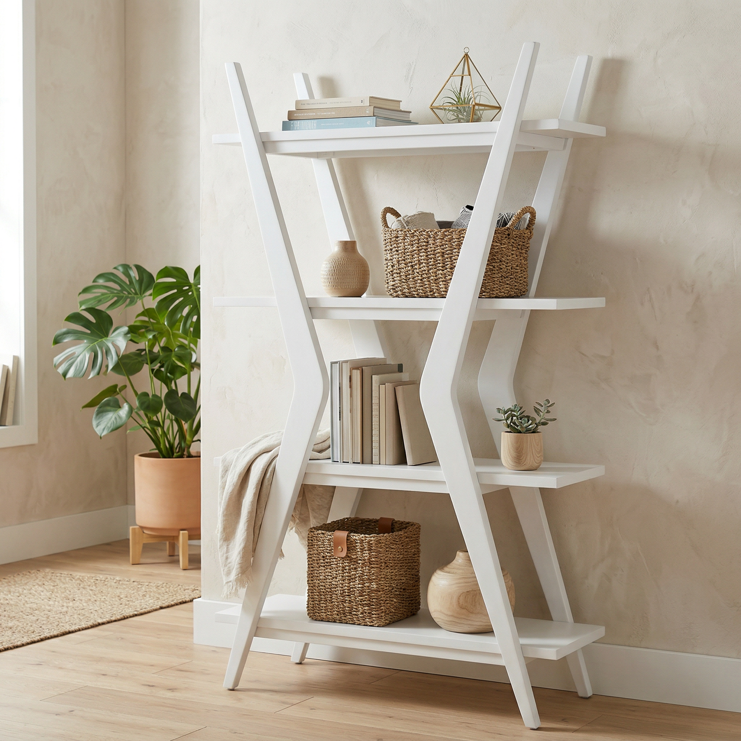 Stratton 66” White Etagere with 4 Open Shelves in Solid Rubberwood - Enhanced
