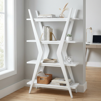 Stratton 66” White Etagere with 4 Open Shelves in Solid Rubberwood - Enhanced