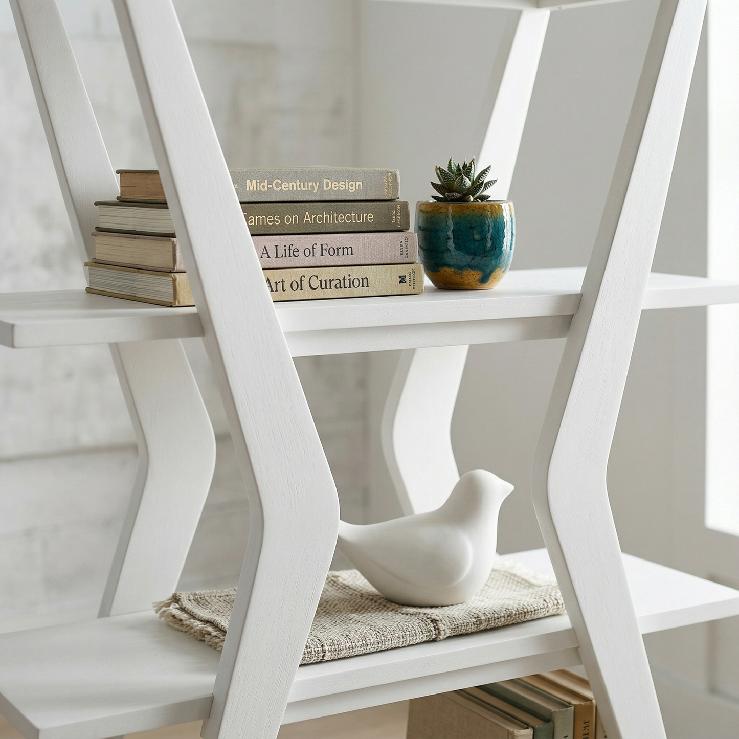 Stratton 66” White Etagere with 4 Open Shelves in Solid Rubberwood - Enhanced