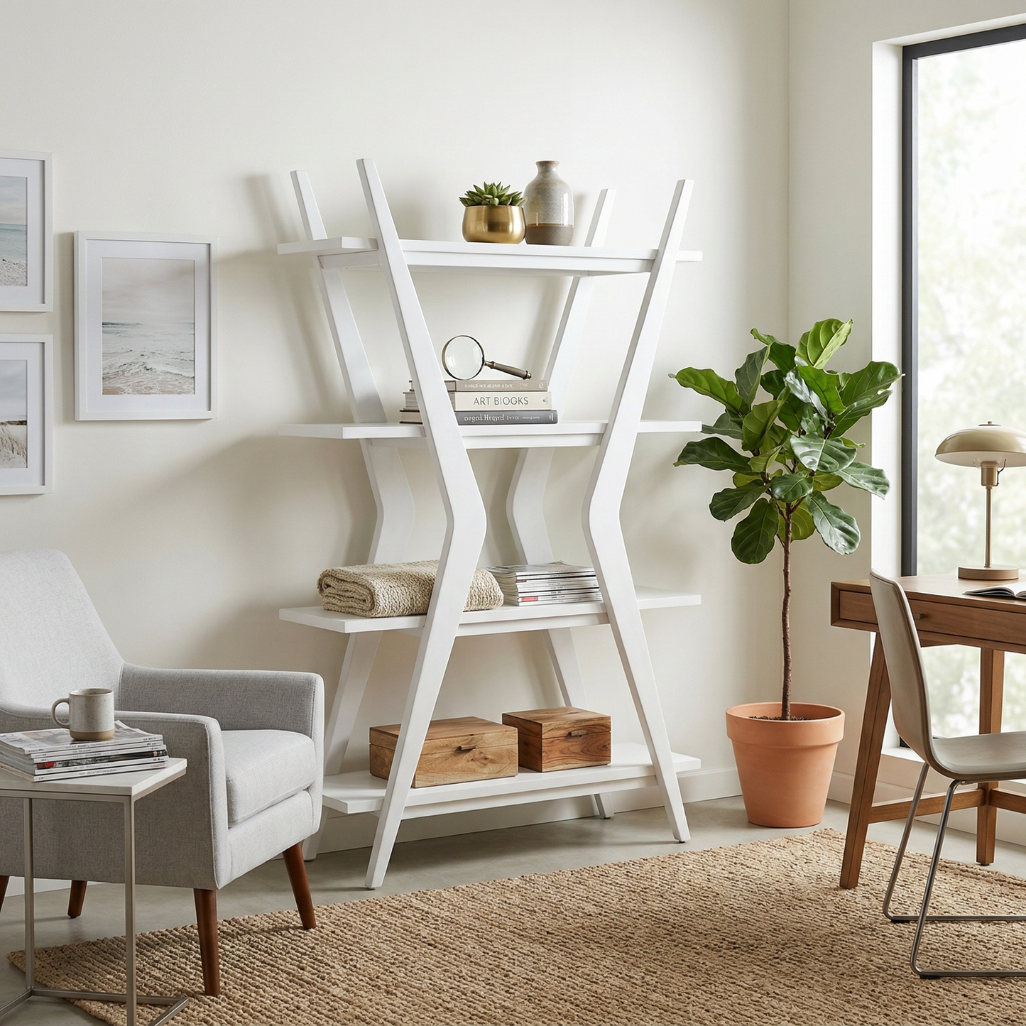 Stratton 66” White Etagere with 4 Open Shelves in Solid Rubberwood - Enhanced