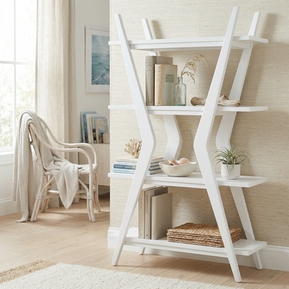 Stratton 66” White Etagere with 4 Open Shelves in Solid Rubberwood - Enhanced