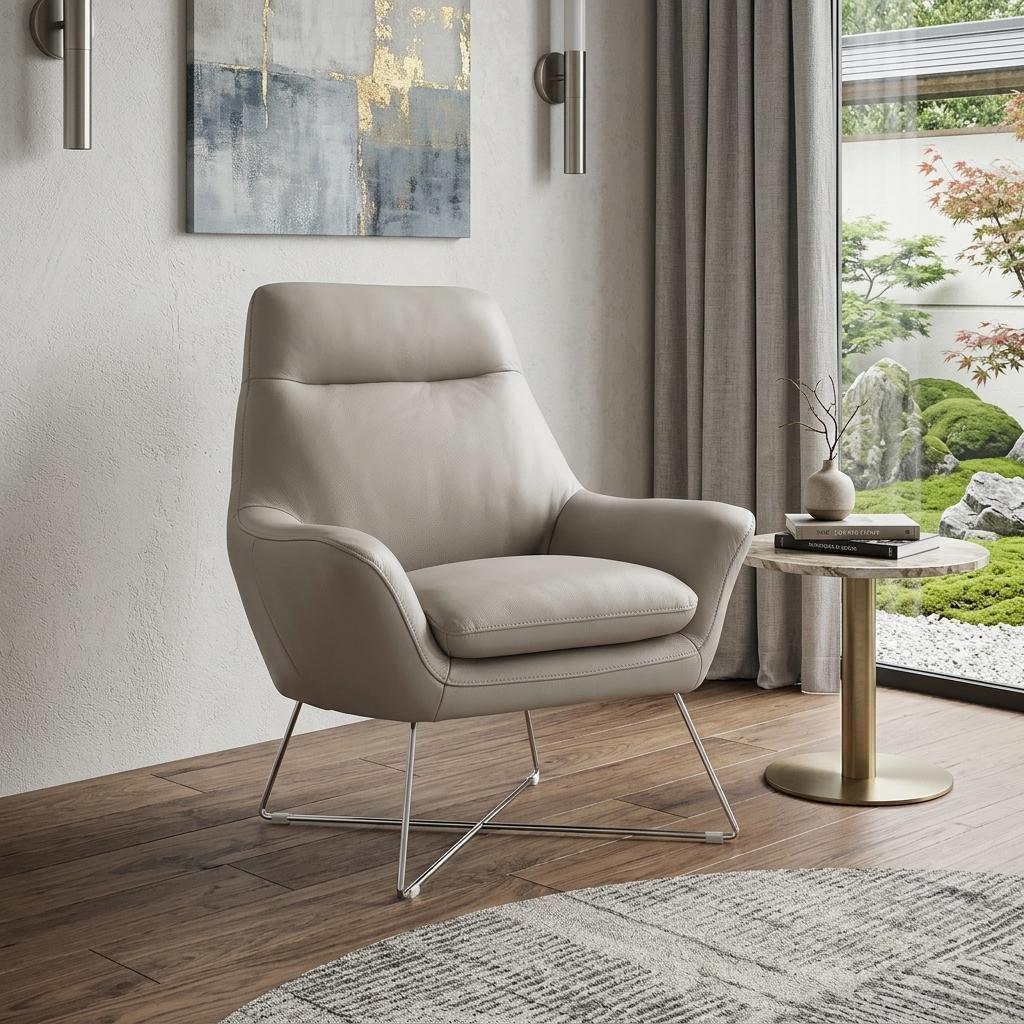 Light Gray & Silver Italian Leather Tufted Arm Chair