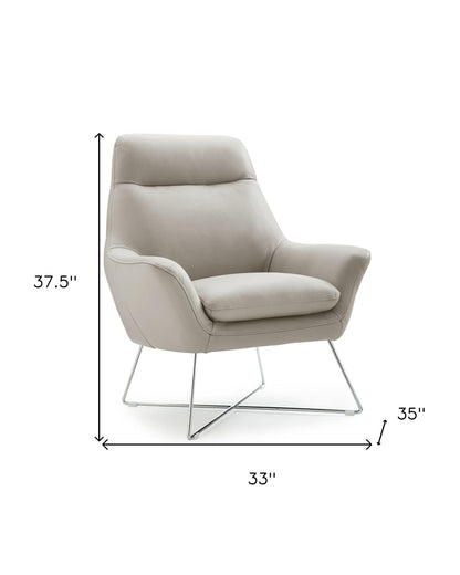 Light Gray & Silver Italian Leather Tufted Arm Chair