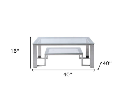 Square Clear Glass Coffee Table w/ Stainless Steel Base