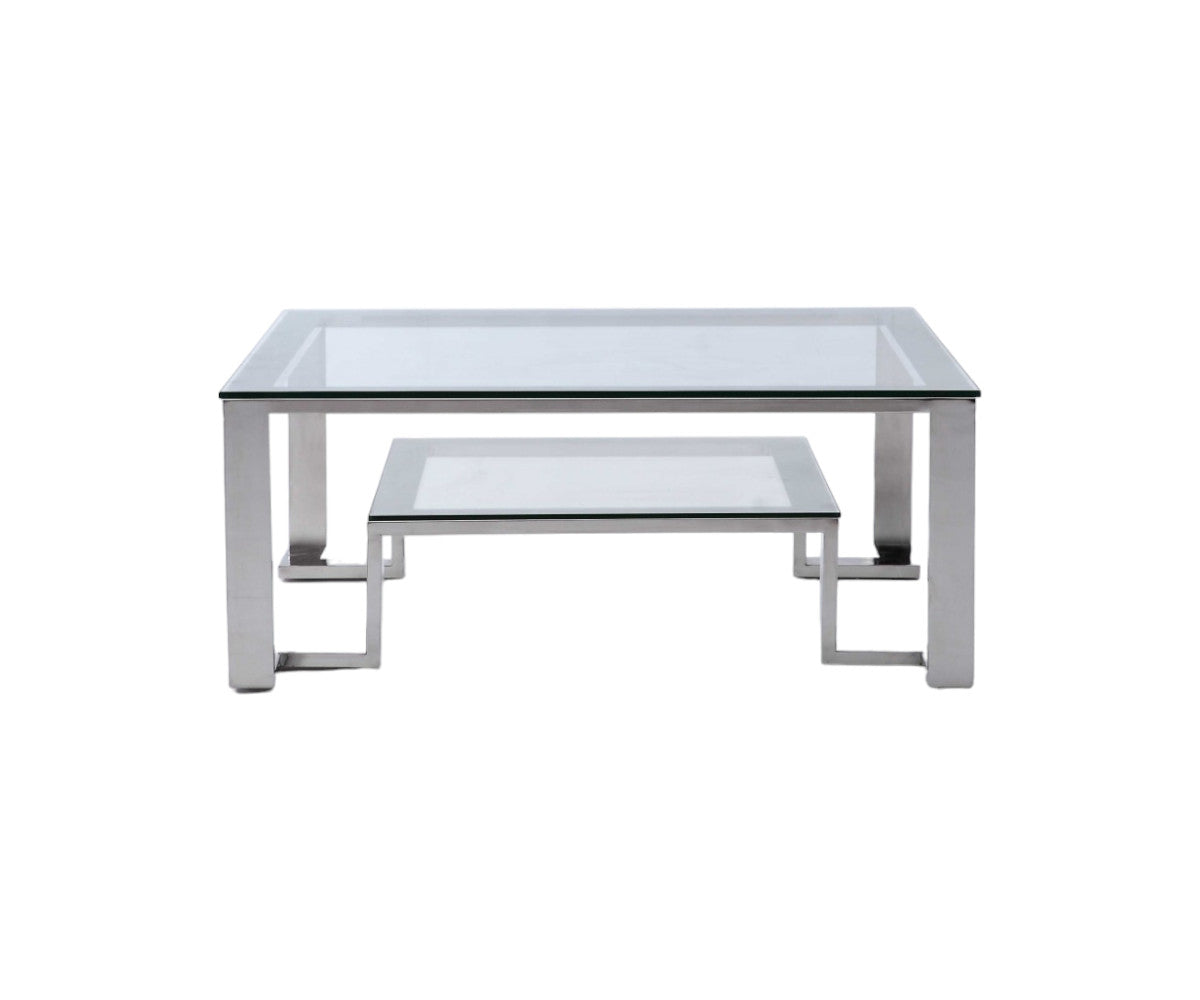 Square Clear Glass Coffee Table w/ Stainless Steel Base