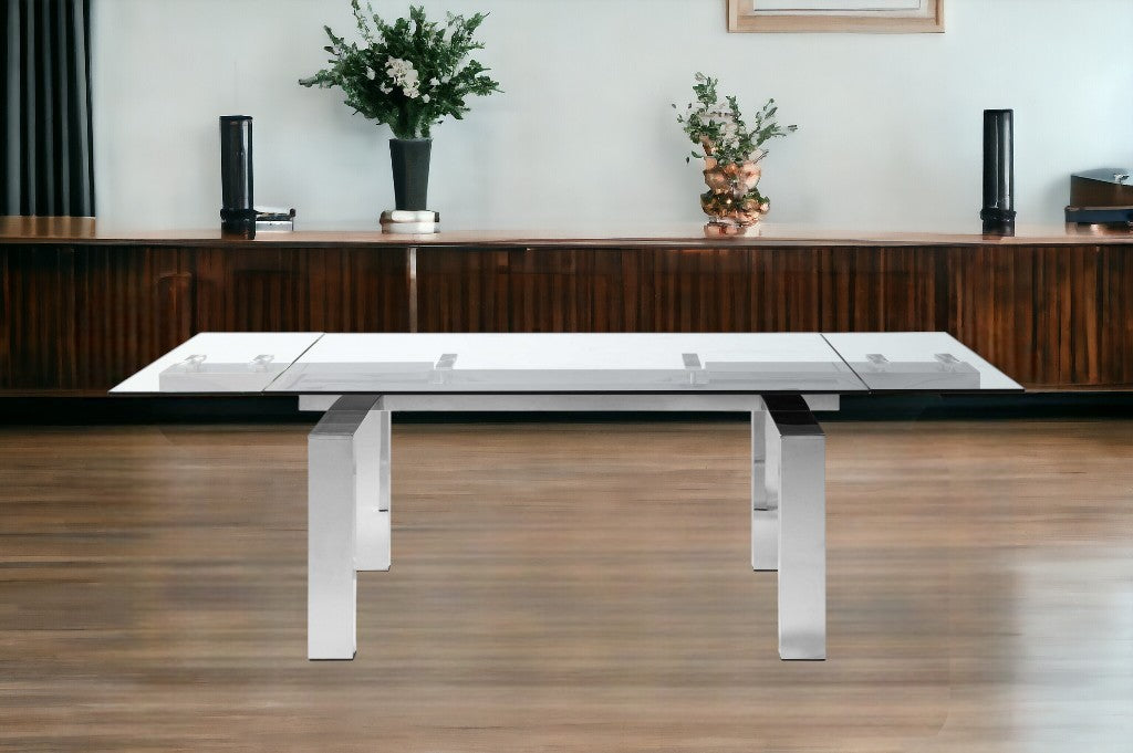 Clear and Silver Glass and Stainless Steel Self-Storing Leaf Dining Table