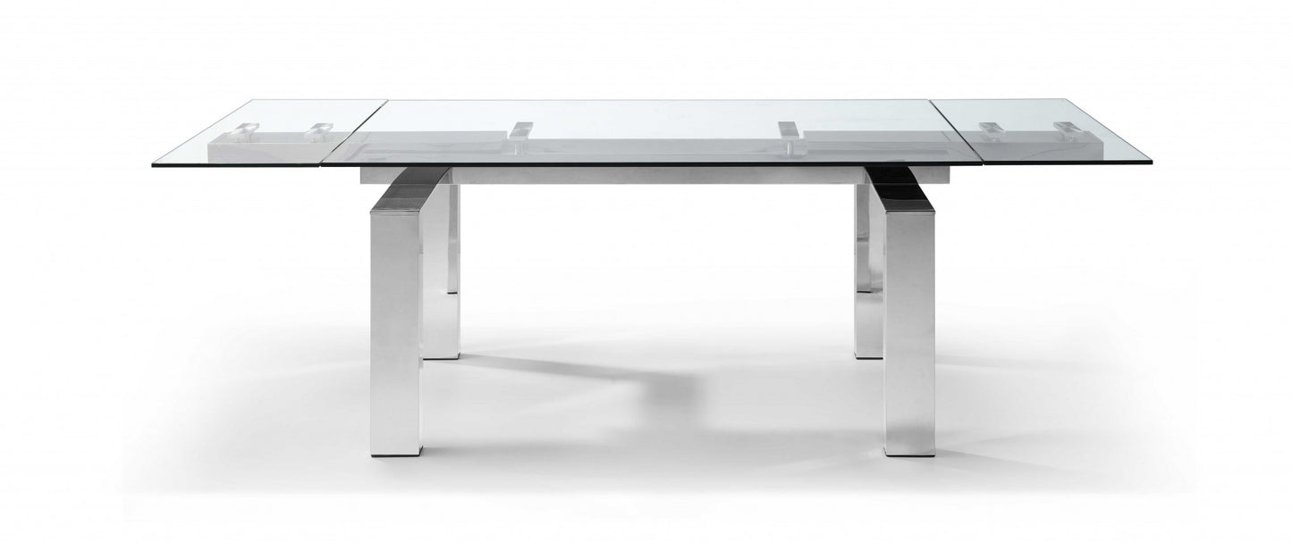 Clear and Silver Glass and Stainless Steel Self-Storing Leaf Dining Table